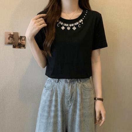 BY18138# 欧货重工镶钻短袖纯棉T恤女夏季大码胖mm显瘦宽松设计感上衣  服裝批發女裝批發服飾貨源
