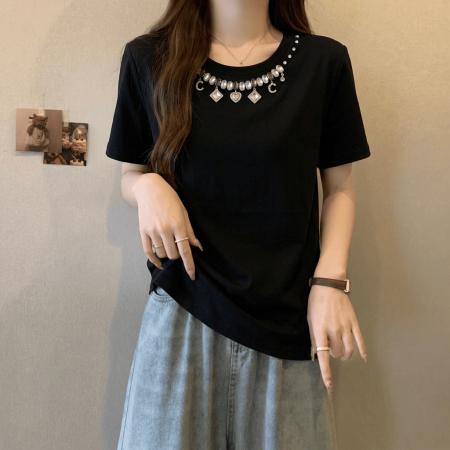 BY18138# 欧货重工镶钻短袖纯棉T恤女夏季大码胖mm显瘦宽松设计感上衣  服裝批發女裝批發服飾貨源