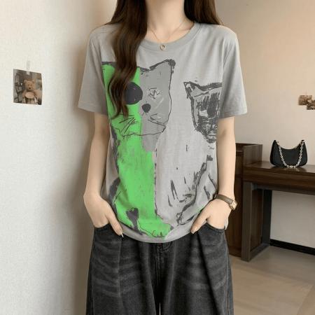 BY18139# 撞色印花短袖t恤女夏季新款大码胖mm设计感复古显瘦港风上衣  服裝批發女裝批發服飾貨源