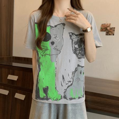 BY18139# 撞色印花短袖t恤女夏季新款大码胖mm设计感复古显瘦港风上衣  服裝批發女裝批發服飾貨源