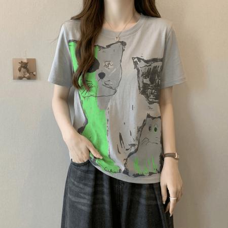 BY18139# 撞色印花短袖t恤女夏季新款大码胖mm设计感复古显瘦港风上衣  服裝批發女裝批發服飾貨源