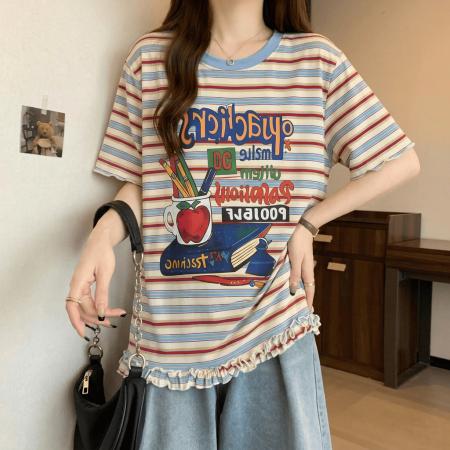 BY18140# 韩系条纹纯棉印花短袖T恤女夏季大码胖mm气质减龄设计感上衣  服裝批發女裝批發服飾貨源
