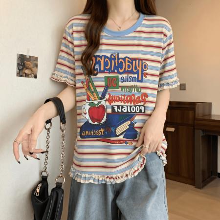 BY18140# 韩系条纹纯棉印花短袖T恤女夏季大码胖mm气质减龄设计感上衣  服裝批發女裝批發服飾貨源