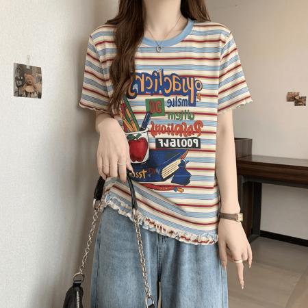 BY18140# 韩系条纹纯棉印花短袖T恤女夏季大码胖mm气质减龄设计感上衣  服裝批發女裝批發服飾貨源