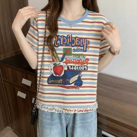 BY18140# 韩系条纹纯棉印花短袖T恤女夏季大码胖mm气质减龄设计感上衣  服裝批發女裝批發服飾貨源