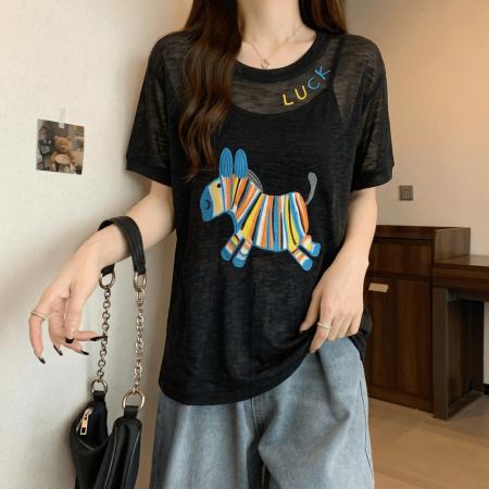 BY18141# 美式彩色小马短袖针织衫女夏季新款大码宽松百搭洋气减龄上衣  服裝批發女裝批發服飾貨源