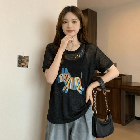 BY18141# 美式彩色小马短袖针织衫女夏季新款大码宽松百搭洋气减龄上衣  服裝批發女裝批發服飾貨源