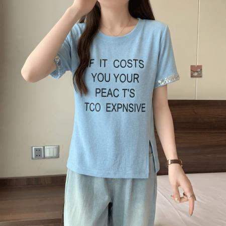 BY18142# 侧扣亮片短袖...