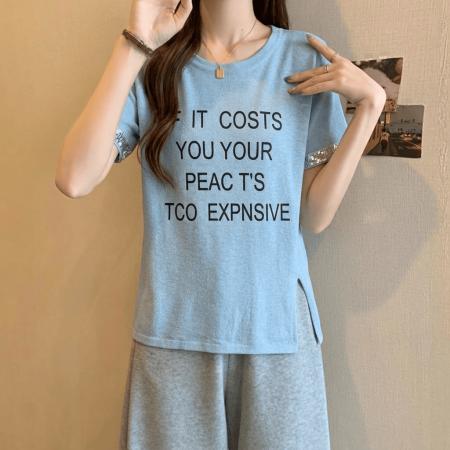 BY18142# 侧扣亮片短袖针织衫女大码夏新款胖MM宽松薄款显瘦圆领上衣  服裝批發女裝批發服飾貨源