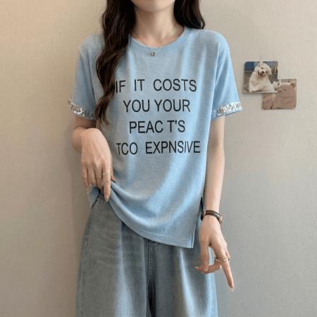 BY18142# 侧扣亮片短袖针织衫女大码夏新款胖MM宽松薄款显瘦圆领上衣  服裝批發女裝批發服飾貨源