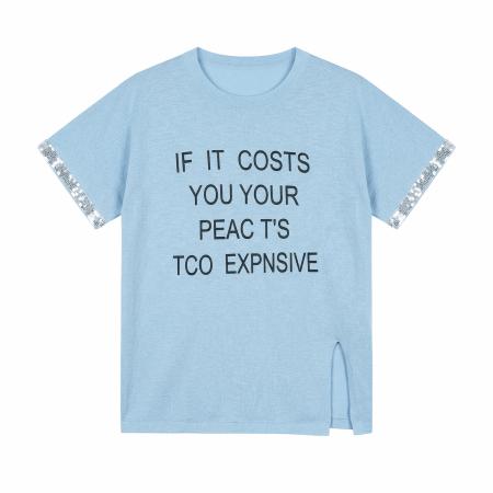 BY18142# 侧扣亮片短袖针织衫女大码夏新款胖MM宽松薄款显瘦圆领上衣  服裝批發女裝批發服飾貨源