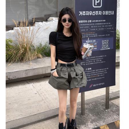 BY18143# 黑色蕾丝百搭短袖军绿色口袋花苞短裤  服裝批發女裝批發服飾貨源