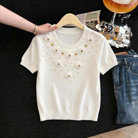 BY18145# 立体花朵钉珠针织短袖t恤女夏季薄款圆领显瘦百搭冰丝上衣  服裝批發女裝批發服飾貨源