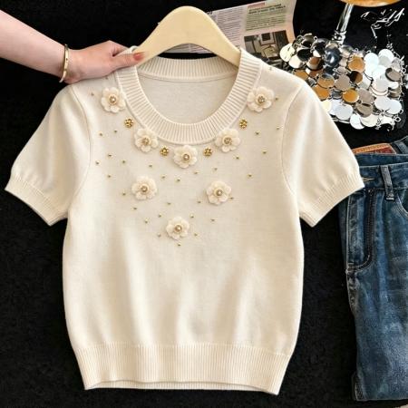 BY18145# 立体花朵钉珠针织短袖t恤女夏季薄款圆领显瘦百搭冰丝上衣  服裝批發女裝批發服飾貨源