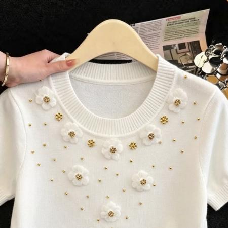 BY18145# 立体花朵钉珠针织短袖t恤女夏季薄款圆领显瘦百搭冰丝上衣  服裝批發女裝批發服飾貨源