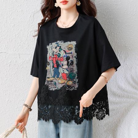 BY18146# 夏季新款设计感印花T恤大码时尚拼接花边宽松上衣  服裝批發女裝批發服飾貨源