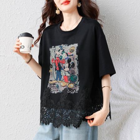 BY18146# 夏季新款设计感印花T恤大码时尚拼接花边宽松上衣  服裝批發女裝批發服飾貨源