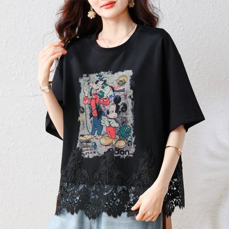 BY18146# 夏季新款设计感印花T恤大码时尚拼接花边宽松上衣  服裝批發女裝批發服飾貨源