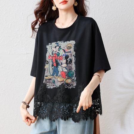 BY18146# 夏季新款设计感印花T恤大码时尚拼接花边宽松上衣  服裝批發女裝批發服飾貨源