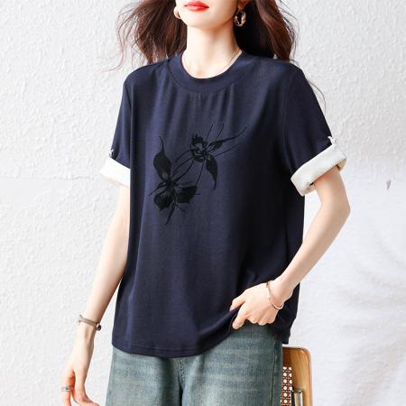 BY18147# 新中式夏季新款时尚蝴蝶印花大码T恤上衣女  服裝批發女裝批發服飾貨源