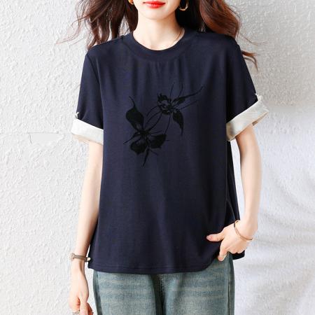 BY18147# 新中式夏季新款时尚蝴蝶印花大码T恤上衣女  服裝批發女裝批發服飾貨源