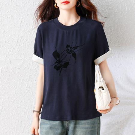 BY18147# 新中式夏季新款时尚蝴蝶印花大码T恤上衣女  服裝批發女裝批發服飾貨源