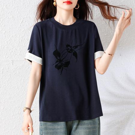 BY18147# 新中式夏季新款时尚蝴蝶印花大码T恤上衣女  服裝批發女裝批發服飾貨源