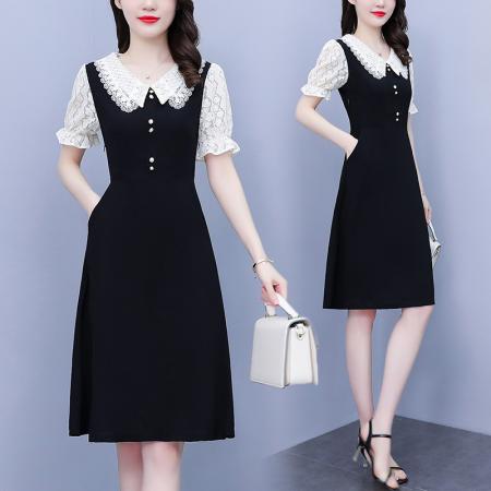 BY18151# 名媛范刺绣领口夏季新款大码女装高贵气质显瘦蕾丝拼接连衣裙  服裝批發女裝批發服飾貨源