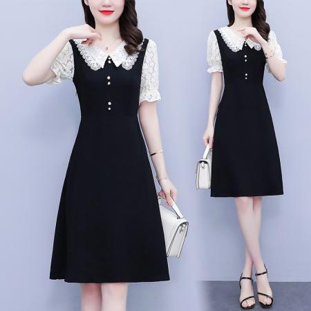 BY18151# 名媛范刺绣领口夏季新款大码女装高贵气质显瘦蕾丝拼接连衣裙  服裝批發女裝批發服飾貨源