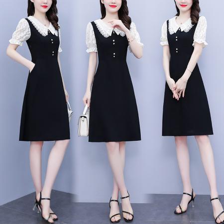 BY18151# 名媛范刺绣领口夏季新款大码女装高贵气质显瘦蕾丝拼接连衣裙  服裝批發女裝批發服飾貨源