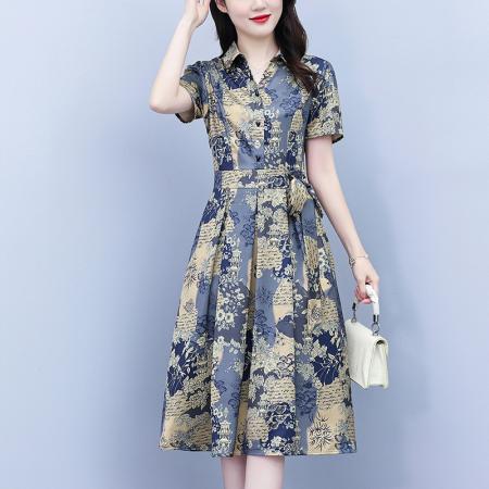 BY18152# 真丝桑蚕丝女夏季新款香云纱高端洋气质大码连衣裙印花裙子  服裝批發女裝批發服飾貨源