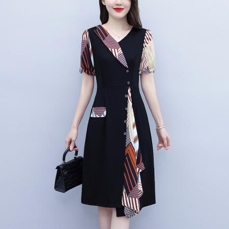 BY18154# 大码女装夏季新款气质优雅时尚显瘦碎花拼接连衣裙  服裝批發女裝批發服飾貨源