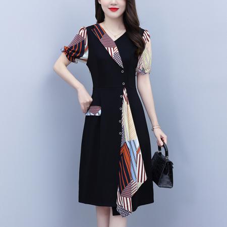 BY18154# 大码女装夏季新款气质优雅时尚显瘦碎花拼接连衣裙  服裝批發女裝批發服飾貨源