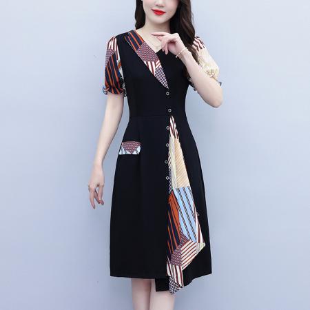 BY18154# 大码女装夏季新款气质优雅时尚显瘦碎花拼接连衣裙  服裝批發女裝批發服飾貨源