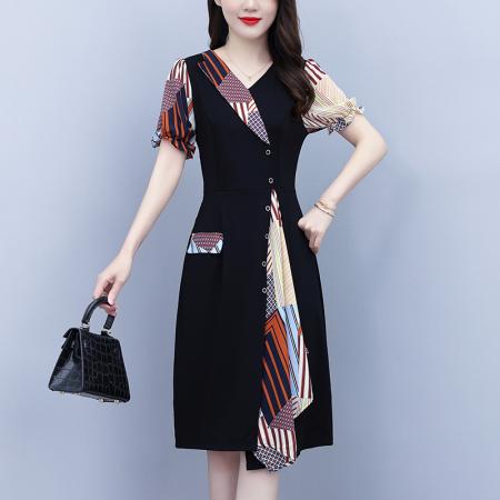 BY18154# 大码女装夏季新款气质优雅时尚显瘦碎花拼接连衣裙  服裝批發女裝批發服飾貨源