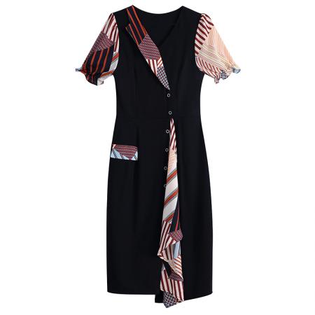 BY18154# 大码女装夏季新款气质优雅时尚显瘦碎花拼接连衣裙  服裝批發女裝批發服飾貨源