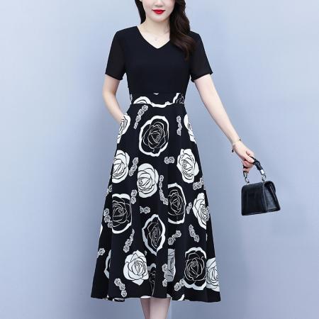 BY18156# 新款大码时尚拼接印花连衣裙女夏收腰遮肚子显瘦气质长裙  服裝批發女裝批發服飾貨源