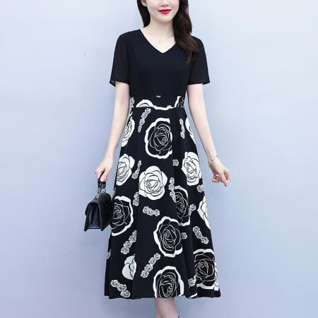 BY18156# 新款大码时尚拼接印花连衣裙女夏收腰遮肚子显瘦气质长裙  服裝批發女裝批發服飾貨源