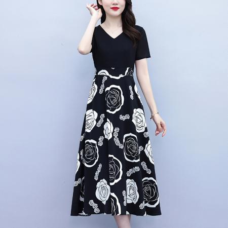 BY18156# 新款大码时尚拼接印花连衣裙女夏收腰遮肚子显瘦气质长裙  服裝批發女裝批發服飾貨源