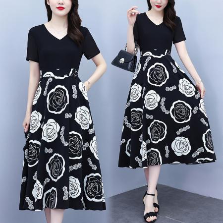 BY18156# 新款大码时尚拼接印花连衣裙女夏收腰遮肚子显瘦气质长裙  服裝批發女裝批發服飾貨源