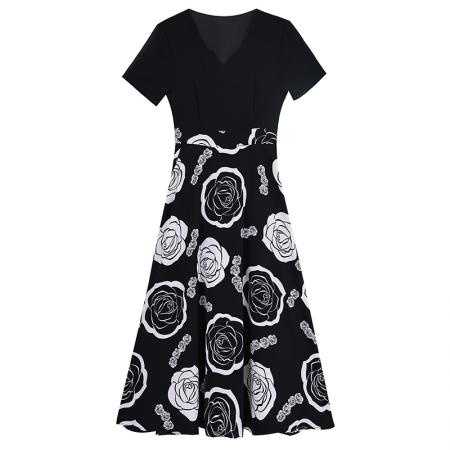 BY18156# 新款大码时尚拼接印花连衣裙女夏收腰遮肚子显瘦气质长裙  服裝批發女裝批發服飾貨源