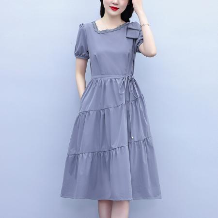 BY18157# 优雅气质减龄连衣裙女夏季新款修身系带不对称设计感a字裙潮  服裝批發女裝批發服飾貨源