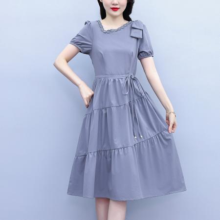 BY18157# 优雅气质减龄连衣裙女夏季新款修身系带不对称设计感a字裙潮  服裝批發女裝批發服飾貨源