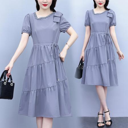 BY18157# 优雅气质减龄连衣裙女夏季新款修身系带不对称设计感a字裙潮  服裝批發女裝批發服飾貨源