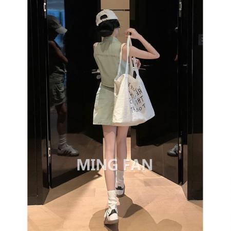 BY18158# 夏季新款女装辣妹polo领单排扣牛仔背心A字高腰短裙两件套  服裝批發女裝批發服飾貨源