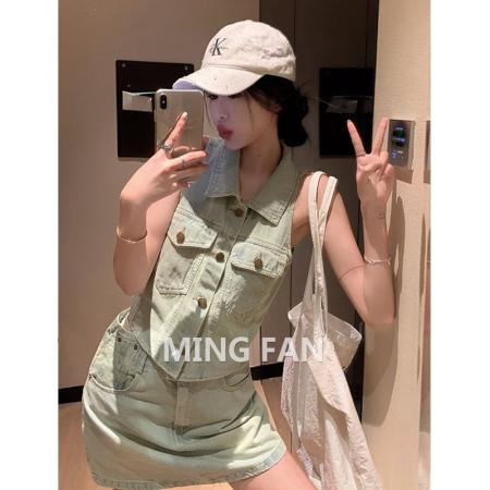 BY18158# 夏季新款女装辣妹polo领单排扣牛仔背心A字高腰短裙两件套  服裝批發女裝批發服飾貨源