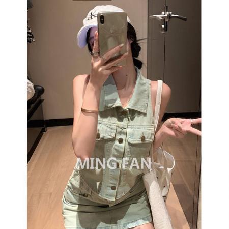 BY18158# 夏季新款女装辣妹polo领单排扣牛仔背心A字高腰短裙两件套  服裝批發女裝批發服飾貨源