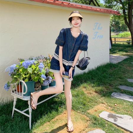 BY18159# 复古炸街减龄今年流行牛仔套装女夏季新款蕾丝拼接短裤两件套  服裝批發女裝批發服飾貨源