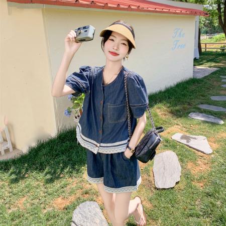 BY18159# 复古炸街减龄今年流行牛仔套装女夏季新款蕾丝拼接短裤两件套  服裝批發女裝批發服飾貨源