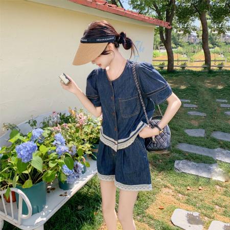 BY18159# 复古炸街减龄今年流行牛仔套装女夏季新款蕾丝拼接短裤两件套  服裝批發女裝批發服飾貨源